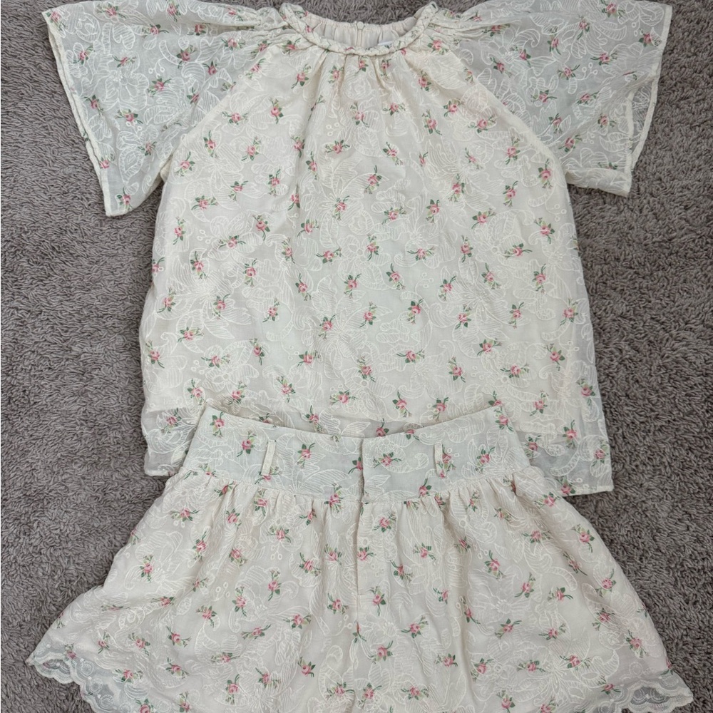 Sky Floral High Waist Shorts Set - Cream and Pink
